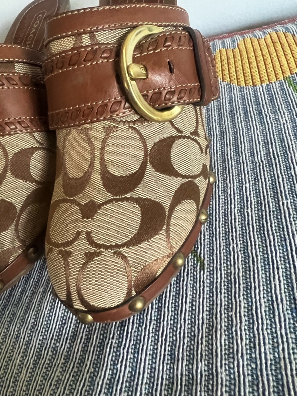 Coach Tan and Brown Signature Clog Mules with Brass Buckle 7.5 - Picture 5 of 11